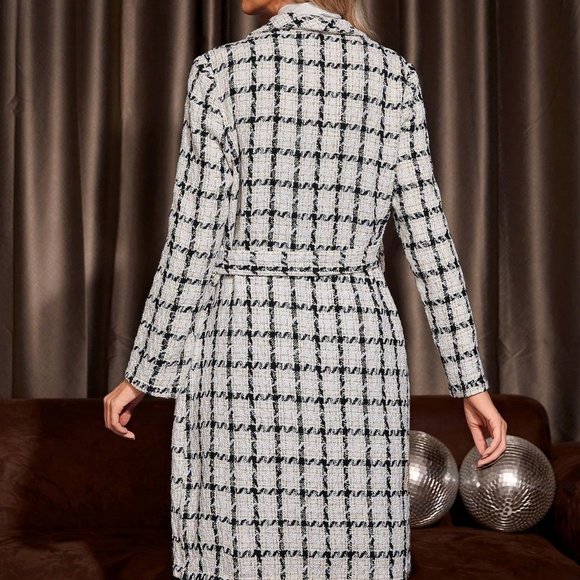 Chic Plaid Print Waterfall Collar Belted Tweed Overcoat - Picture 4 of 5